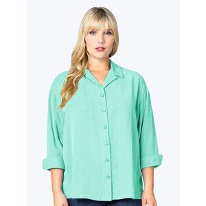 Tianello TENCEL Sz M Turquoise Aida Blouse Boyfriend Shirt Button Up V Neck Top